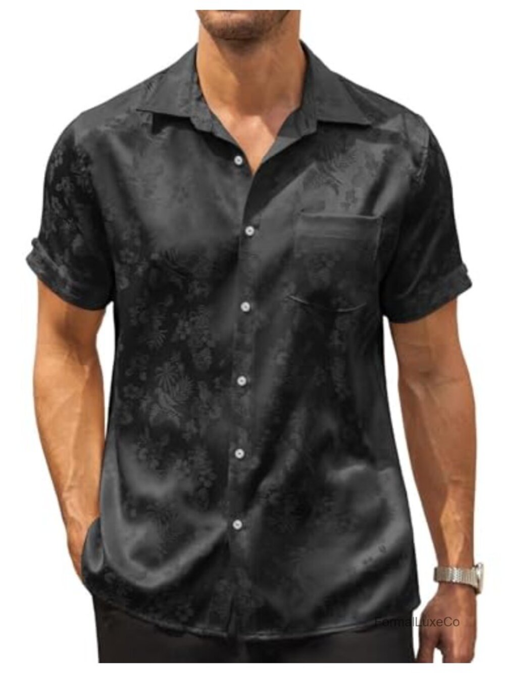 Men's Silk Satin Button Down Short Sleeve Dress Shirt